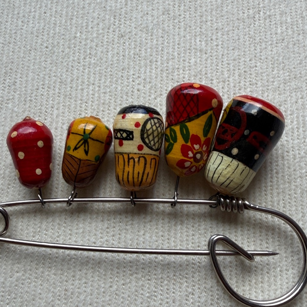 Ukranian Matryoshka Doll Charm Safety Pin Brooch in Red, Yellow, Black - Picture 4 of 4